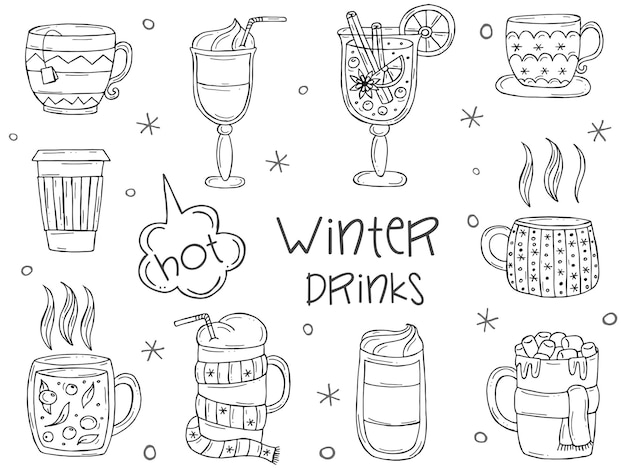 Ensemble D'un Réchauffement Des Boissons D'hiver Sur Un Fond Blanc Illustration Vectorielle Dans Le Style Doodle Humeur D'hiver Bonjour 2023 Joyeux Noël Et Bonne Année