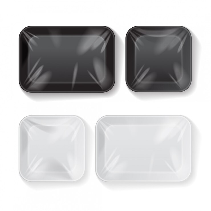 Vecteur ensemble de récipient de plateau de nourriture en plastique polystyrène noir et blanc vierge. modèle
