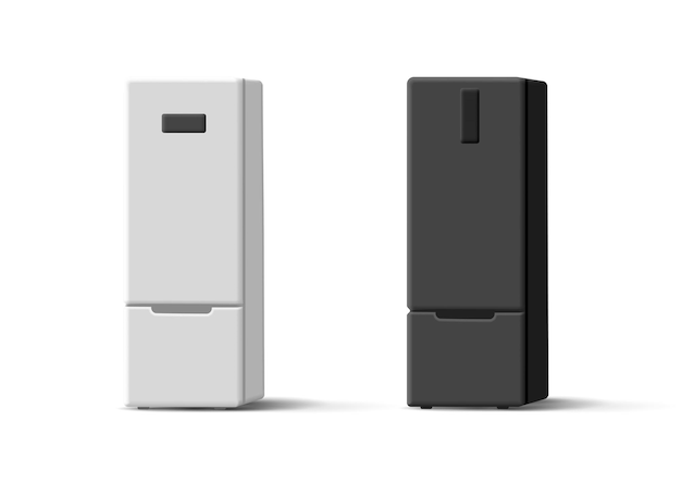 Un ensemble de réfrigérateurs fermés modernes en 3D noir et blanc avec un congélateur et un écran LED