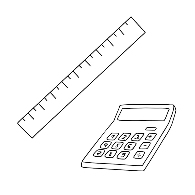 Vecteur ensemble de règles et d'icônes de calculatrice isolées sur blanc doodle dessiné à la main fournitures scolaires simples