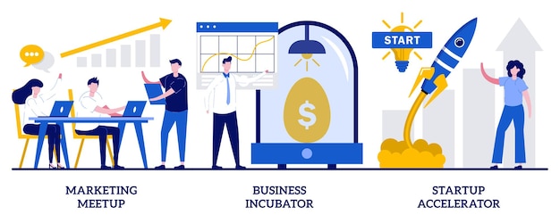 Vecteur ensemble de rencontres marketing, incubateur d'entreprises, accélérateur de démarrage, support de démarrage