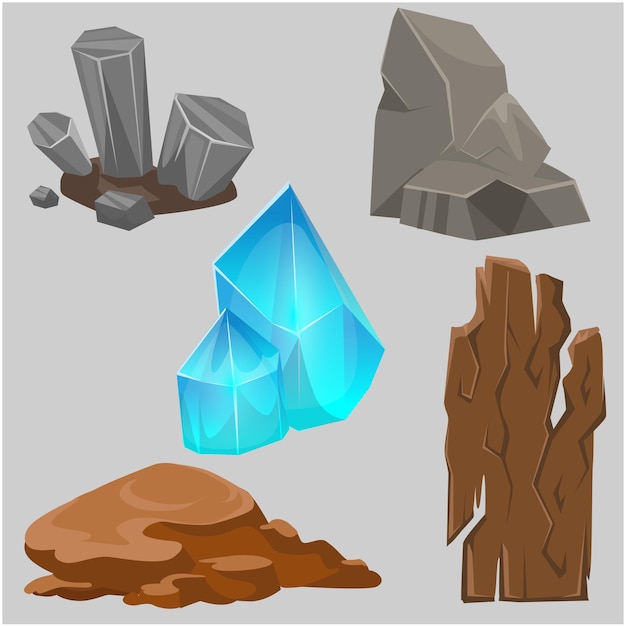Ensemble de ressources de dessin animé pierre bois cristal argile et acier