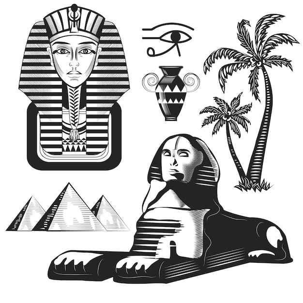 Ensemble de roches égyptiennes, pharaon, palmiers isolés sur blanc.