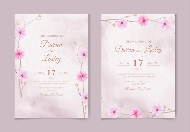 Ensemble Romantique De Modèle De Carte D'invitation De Mariage Aquarelle Avec Des Feuilles Florales Et Des Fleurs