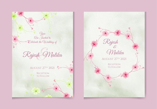 Ensemble Romantique De Modèle De Carte D'invitation De Mariage Aquarelle Avec Des Feuilles Florales Et Des Fleurs