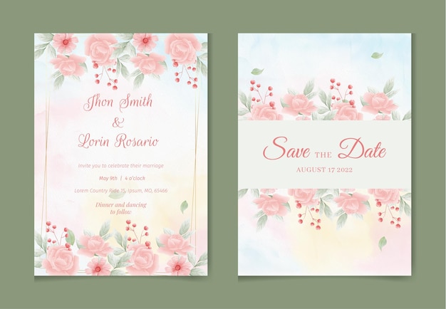 Ensemble Romantique De Modèle De Carte D'invitation De Mariage Aquarelle Avec Des Feuilles Florales Et Des Fleurs