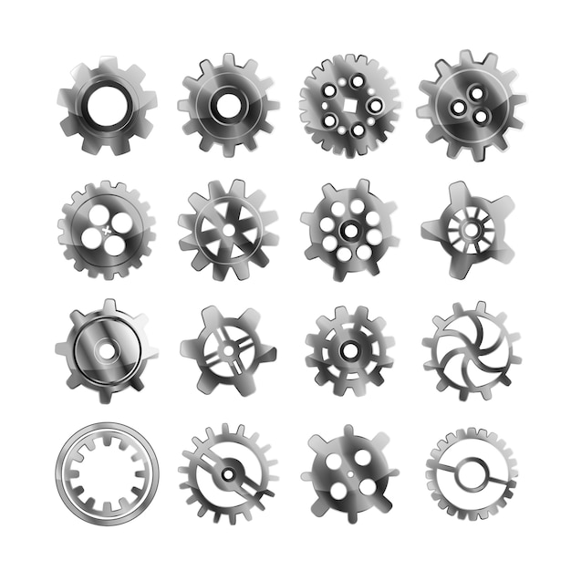 Vecteur ensemble de roues dentées en métal brillant réaliste sur blanc