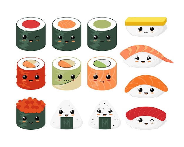 Ensemble de rouleaux de sushi kawaii au design plat