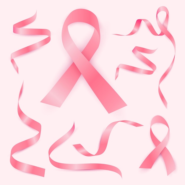 Vecteur ensemble de rubans roses sur fond blanc adaptés aux éléments de conception de la journée de la femme et de la journée du cancer
