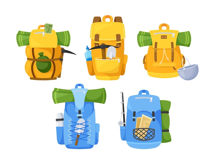 Vecteur l'ensemble de sac à dos de voyage multifonctionnel est livré avec plusieurs tailles et compartiments pour diverses utilisations.