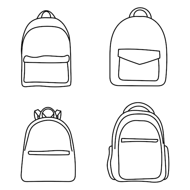 Vecteur ensemble de sacs à dos vectoriels dessinés à la main dans un style doodle sur fond blanc