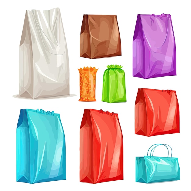 Ensemble De Sacs à Provisions En Plastique Emballages Jetables Vides Pour Supermarché Et Ordures Isolés Sur Fond Illustration Vectorielle