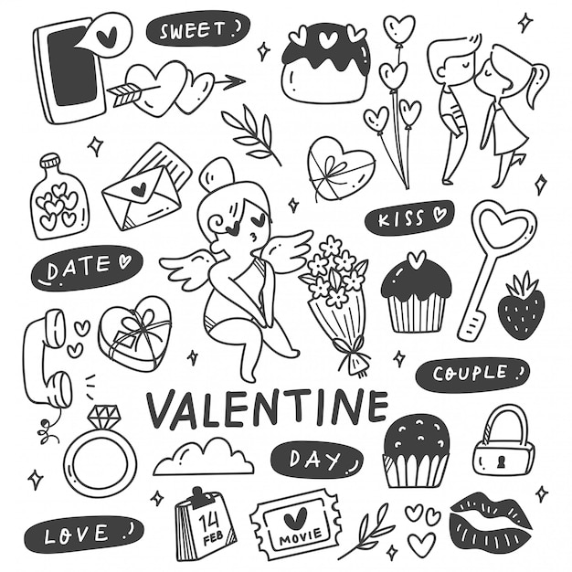 Ensemble De Saint-valentin Dessinés à La Main Dans Un Style Doodle