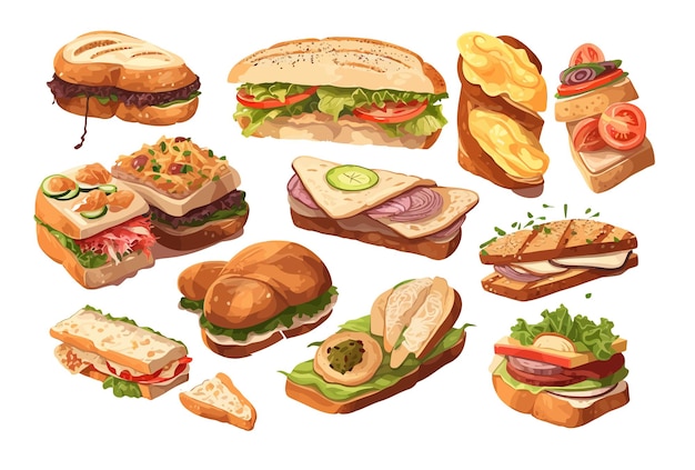 Ensemble De Sandwichs Avec Garnitures De Viande Végétale Isolé Sur Fond Blanc Illustration De Dessin Animé De Vecteur