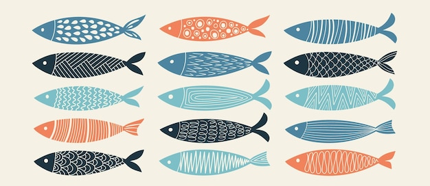 Vecteur ensemble de sardines colorées illustration dessinée à la main vectorielle