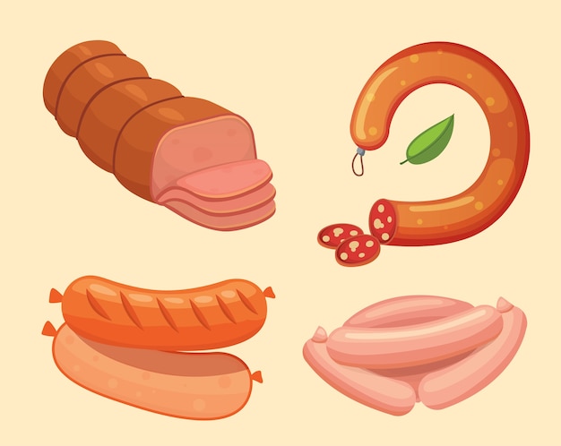 Ensemble De Saucisse De Dessin Animé De Bacon En Tranches De Salami Et Bouilli Fumé