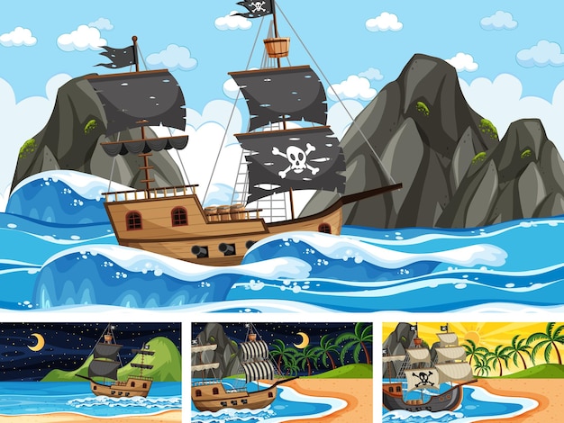 Ensemble De Scènes Océaniques à Différents Moments Avec Bateau Pirate En Style Cartoon