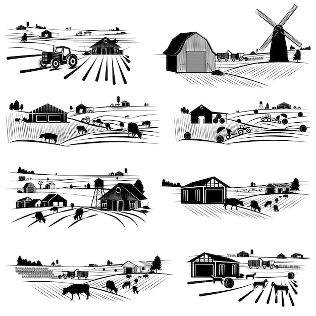 Vecteur ensemble de scènes de silhouettes de la vie agricole avec des champs, des granges et des machines isolées sur blanc