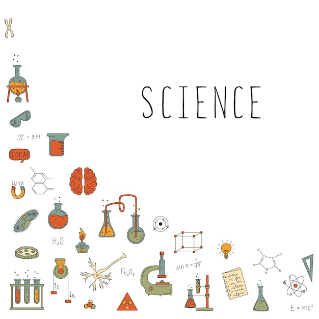 Ensemble scientifique avec des éléments de la science Flacons formules mikrokop et plus Le concept de physique