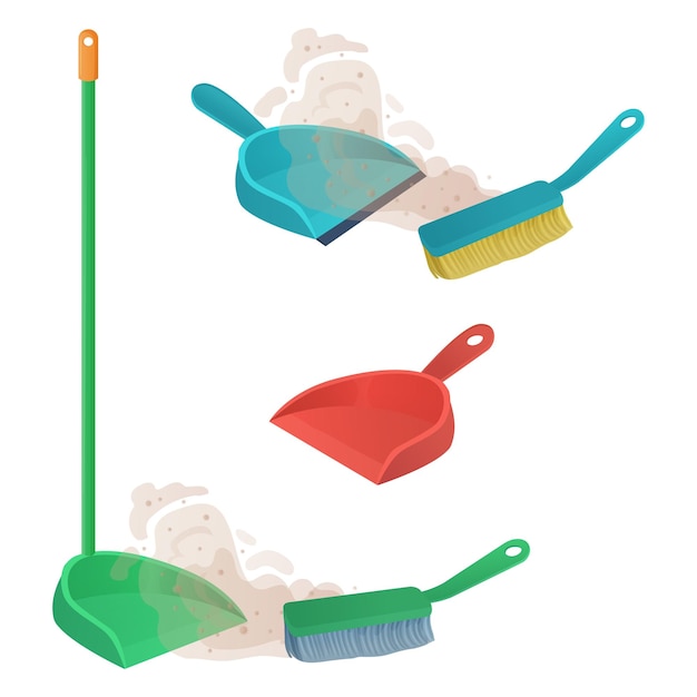 Ensemble de scoop en plastique de dessin animé La brosse balaie la poussière et la saleté sur la pelle à poussièreServices de nettoyage ménagers ménageconcept Équipement pour élément de nettoyage isolé sur fond blanc Illustration vectorielle stock