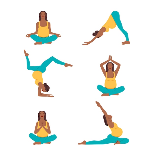 Ensemble de séances d'entraînement de yoga pour la grossesse prénatale Travail et concept de grossesse fitness Illustration vectorielle