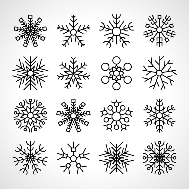 Ensemble De Seize Flocons De Neige. éléments De Décoration D'hiver. Illustration Vectorielle.