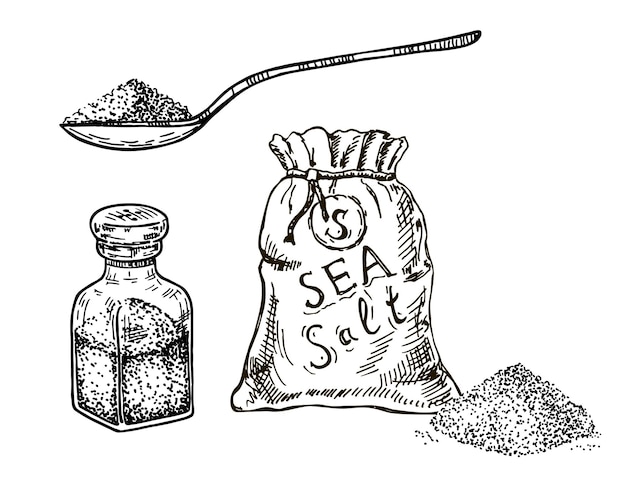 Ensemble De Sel De Croquis Sel Dans Un Sac De Cuillère De Salière Assaisonnement Alimentaire Comestible Dans Une Bouteille En Verre De L'himalaya