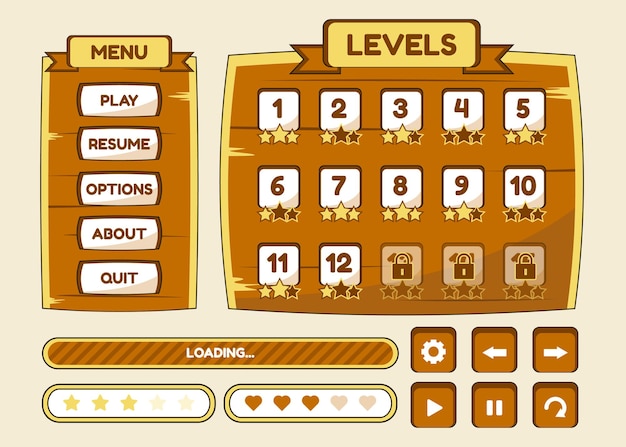 Ensemble de sélection de menu de jeu pour rpg et jeu d'aventure, y compris menu, options et sélection de niveau