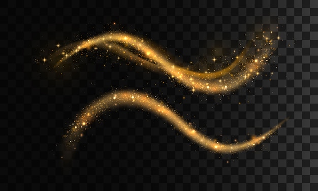 Ensemble de sentiers de lumière étincelante dorée. Flash Wave futuriste. Effet de lignes en spirale brillant et brillant.Particules de poussière magiques.