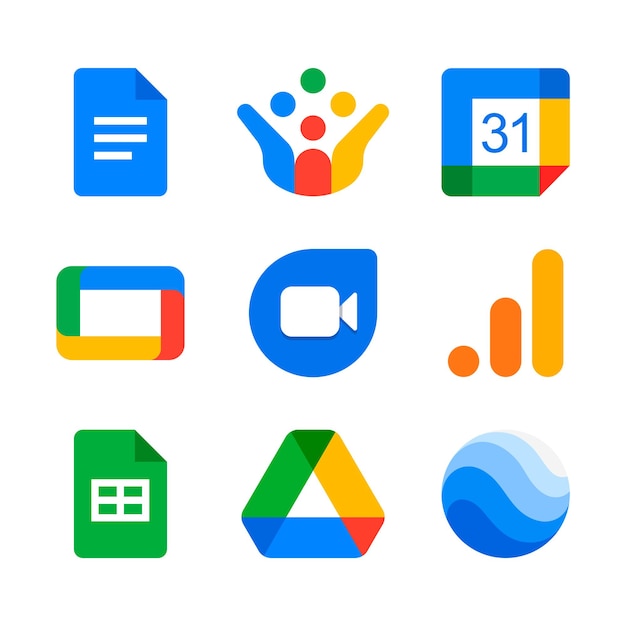 Ensemble de services Google. Google Docs, Crowdsource, Agenda, TV, Analytics, Sheets, Drive, Earth.