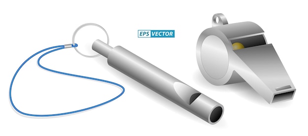 Vecteur ensemble de sifflet en métal réaliste isolé ou sifflet de sport pour entraîneur ou entraîneurs ou équipement de sport co