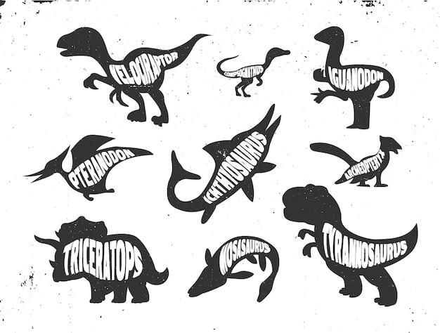 Vecteur ensemble de silhouette de dinosaures avec lettrage.