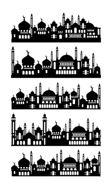 Vecteur ensemble de silhouette de mosquée de paysage urbain islamique