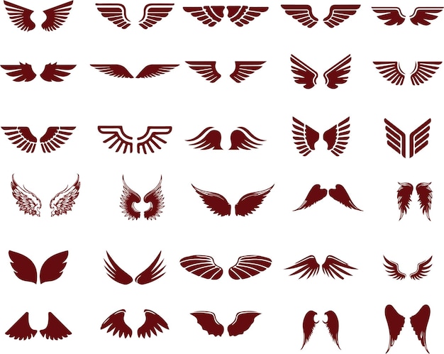 Vecteur ensemble de silhouettes d'ailes d'ange ou d'oiseau dessinées à la main. éléments de dessin monochromes. illustration vectorielle