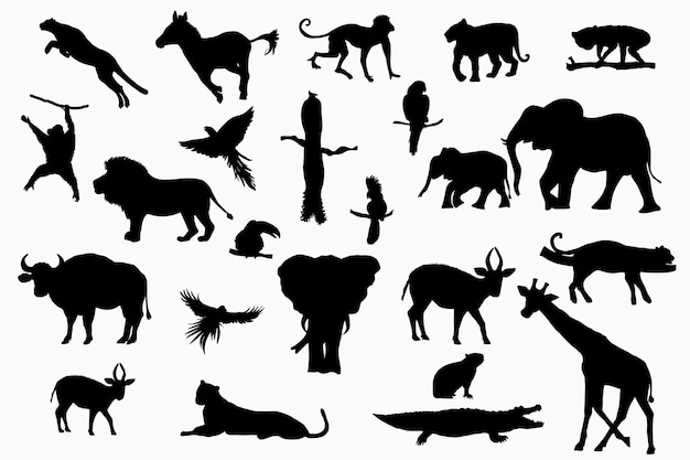 Ensemble de silhouettes d'animaux africains plats