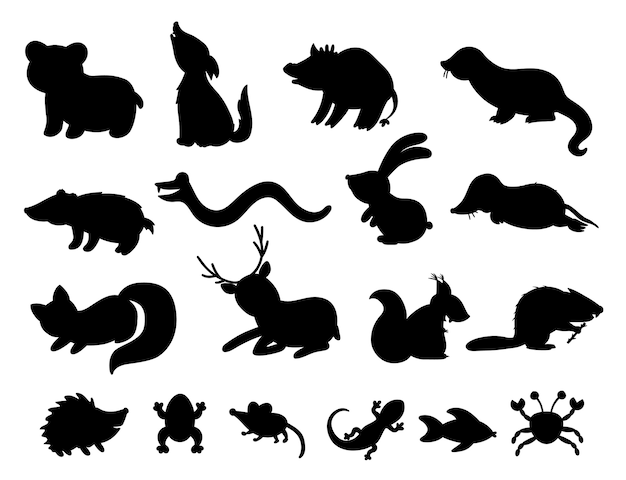 Ensemble De Silhouettes D'animaux Des Bois Plats Dessinés à La Main.