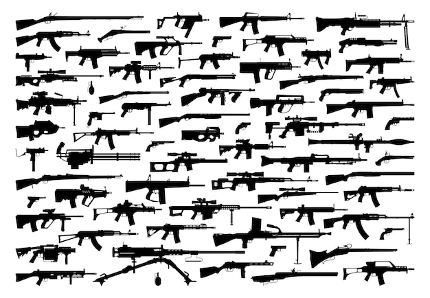 Ensemble de silhouettes d'armes Collection de diverses armes à feu réalistes Assult fusils fusils de sniper fusils de chasse armes de poing mitrailleuses armes historiques autres Illustration vectorielle