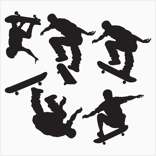 Vecteur ensemble de silhouettes d'astuces de skateboard