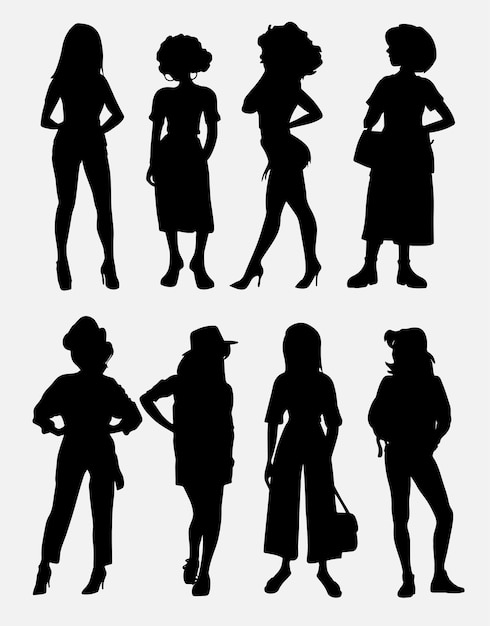 Ensemble De Silhouettes D'étudiants De Vecteur. Collection de jeunes femmes élégantes vêtues de vêtements à la mode. Ensemble de tenues décontractées et formelles à la mode. Image vectorielle