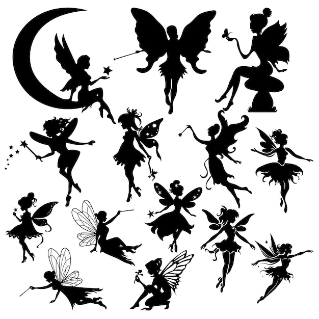 Vecteur ensemble de silhouettes de fées