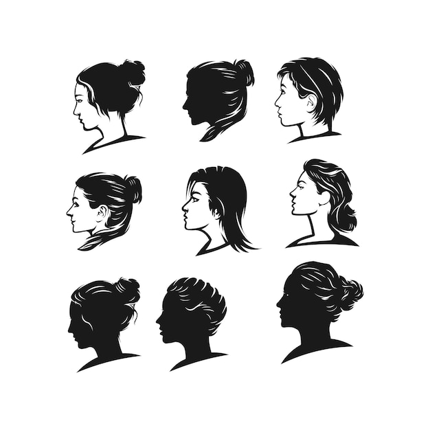 Vecteur un ensemble de silhouettes de femmes avec différentes coiffures.