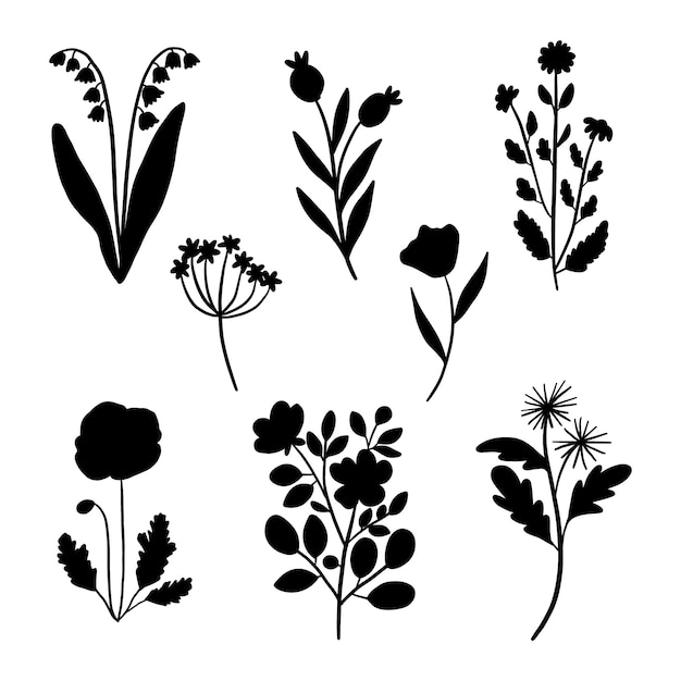 Vecteur ensemble de silhouettes de fleurs dessinées à la main