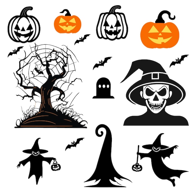 Ensemble de silhouettes d'Halloween vectorielles collection d'icônes d'Halloween et d'éléments isolés sur blanc