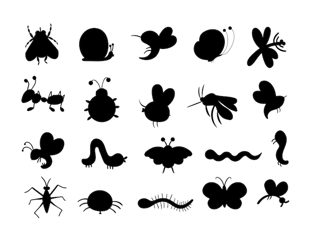 Ensemble De Silhouettes D'insectes Plats Isolés Sur Blanc