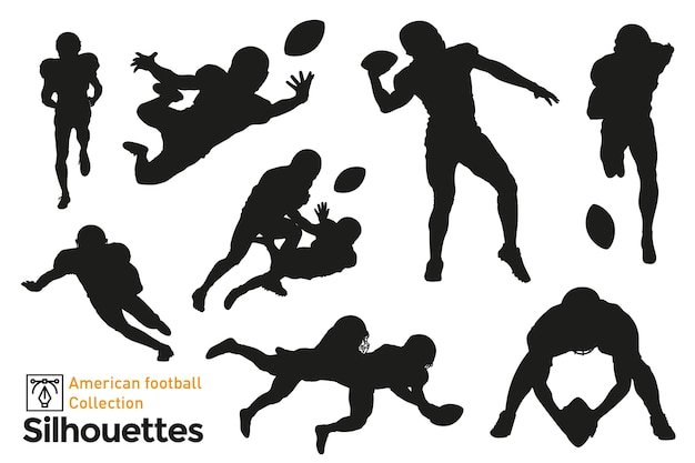 Ensemble De Silhouettes Isolées De Joueurs De Football Américain Dans Des Poses Différentes.