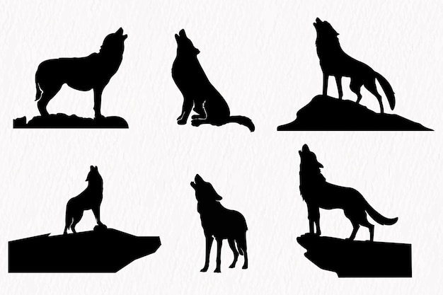 Ensemble de silhouettes de loup hurlant marchant assis sur fond texturé de papier blanc