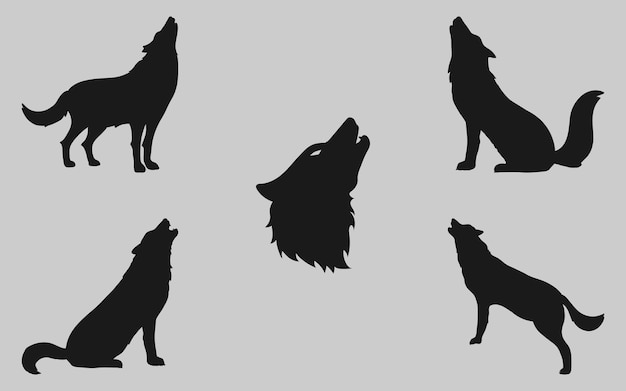 Ensemble de silhouettes de loups noirs Icônes de loups hurlants sur fond gris