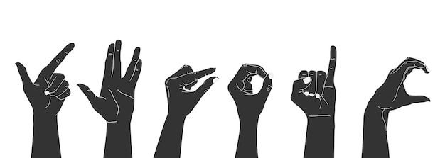 Vecteur un ensemble de silhouettes de mains humaines soulevées montrant différents gestes illustration vectorielle