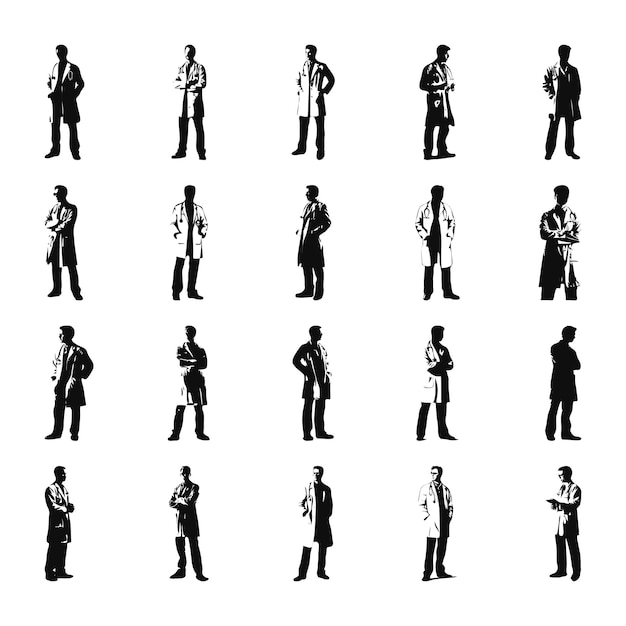 Vecteur un ensemble de silhouettes de médecins masculins debout dans des poses