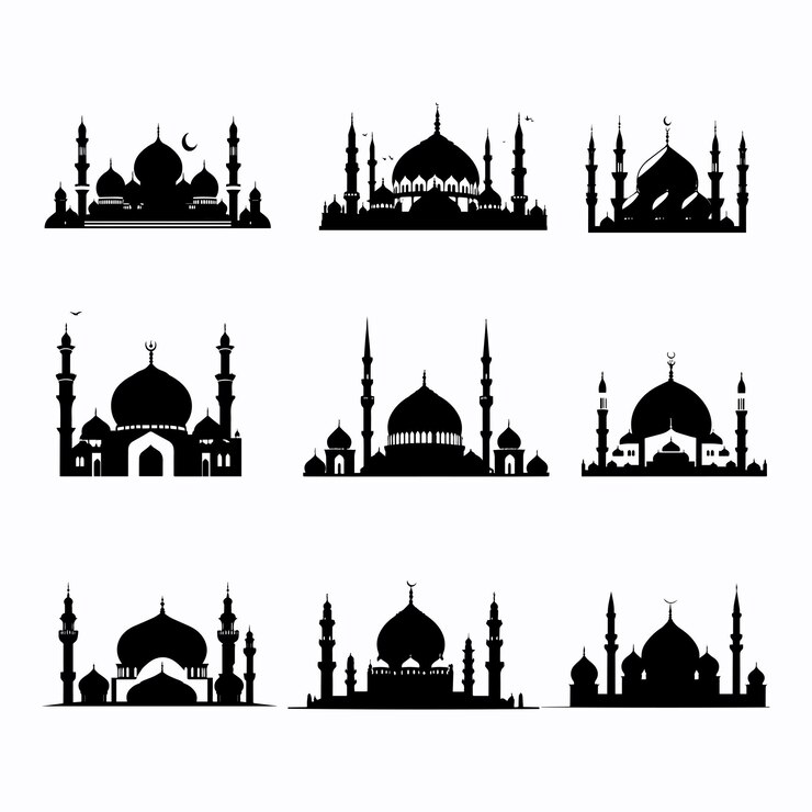 Vecteur ensemble de silhouettes de mosquées avec diverses variantes de modèles pour la conception d'ornements et d'autres besoins d'illustration vectorielle
